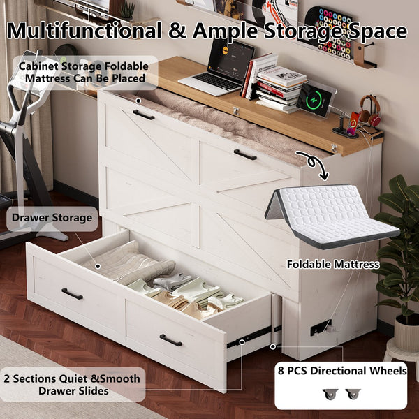 English Elm Queen Murphy Cabinet Bed Rustic Grey Farmhouse Style with Charging Station Storage W5271S00002