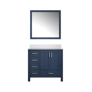 English Elm Navy Blue Bath Vanity 36" W X 22" D With Right Offset White Quartz Top & Elegant 34" Mirror Set B2731S00694