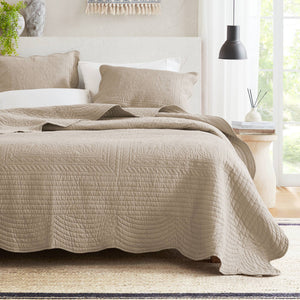JLA Home Madison Park - 3 Reversible Scalloped Edge Quilt Set with Antimicrobial Protection, Cottage Charm, Machine Washable Khaki MP13-8498