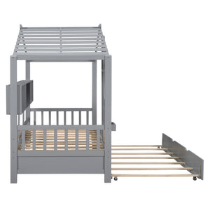 English Elm Wooden Twin House Bed with Trundle and 3 Back Shelves, Pine Frame Playful Loft Design for Kids Gray 41.7 L x 16.25 W x 6 H N733S316110E