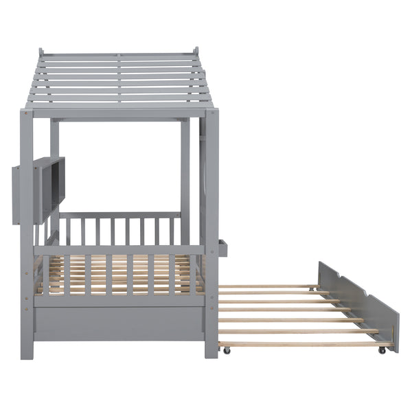 English Elm Wooden Twin House Bed with Trundle and 3 Back Shelves, Pine Frame Playful Loft Design for Kids Gray 41.7 L x 16.25 W x 6 H N733S316110E