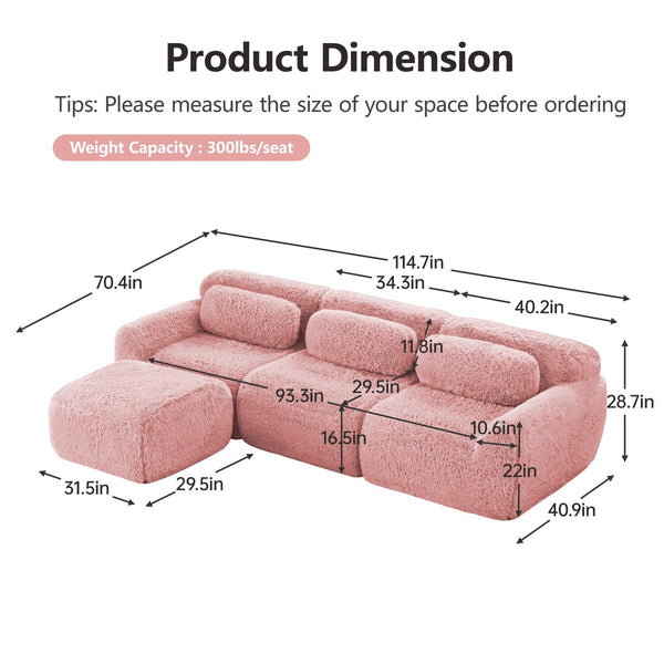 English Elm L-shaped Plush Modular Sectional Sofa with Ottoman and High Resilience Foam Seating Pink W714S01559