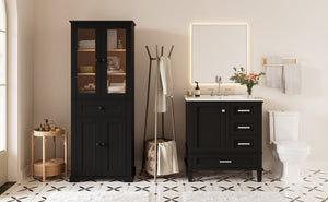 English Elm 67.57" Tall Matte Cabinet Vanity Combo with Glass Doors Soft-close Drawers Sink Black N729P000033B