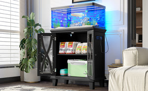 English Elm 20 Gallon Fish Tank Stand with Built-In Power Outlets & USB, Farmhouse Style Aquarium Cabinet with Adjustable Shelves and Heavy-Duty 298lb Tabletop Capacity Black N704P350196B