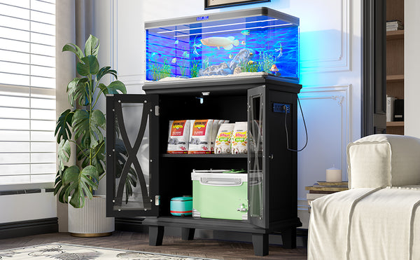 English Elm 20 Gallon Fish Tank Stand with Built-In Power Outlets & USB, Farmhouse Style Aquarium Cabinet with Adjustable Shelves and Heavy-Duty 298lb Tabletop Capacity Black N704P350196B