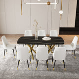 Hearth and Haven Large Modern Minimalist Rectangular Dining Table with 0.39 "Imitation Marble Black Tabletop and Golden Metal Legs, Paired with Chairs with Leatherette Cushions and Black Metal Legs. F-1538 C-007 W1151S00884 W1151S00884