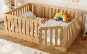 English Elm Twin Solid Pine Montessori Floor Bed with House Frame Door and Safety Fence Natural W5305P420636