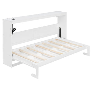 English Elm Twin-size Murphy Wall Bed with Led Lighting Usb Outlet and Decorative Printed Panel White LP000355AAK