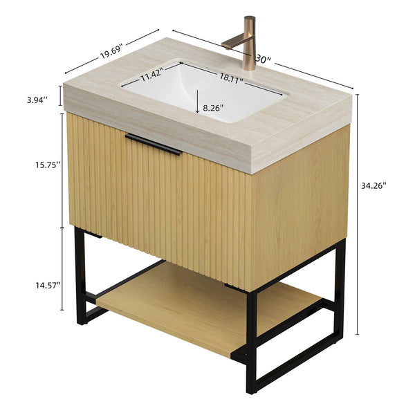 English Elm Yolan 30 Inch Freestanding Bathroom Vanity Plywood Cabinet Sintered Stone Top Oak Finish Beige,Black,Golden Oak W2615S00651