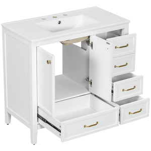 English Elm 36" Solid Pine Bathroom Vanity with Ceramic Sink 4 Soft Close Drawers Vintage Style White N759S293646K