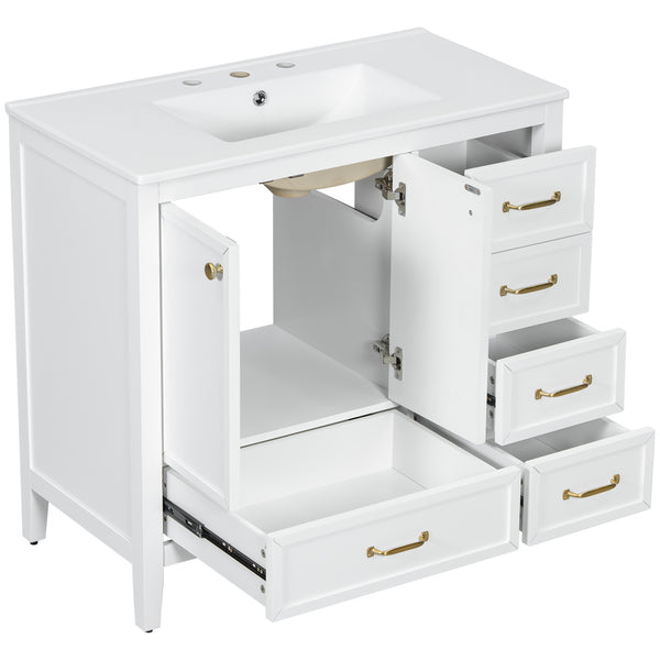 English Elm 36" Solid Pine Bathroom Vanity with Ceramic Sink 4 Soft Close Drawers Vintage Style White N759S293646K