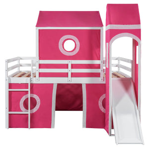 English Elm Full Size Kids Castle Loft Bed with Slide Tent and Tower Pinewood Play Structure LT000771AAH-1