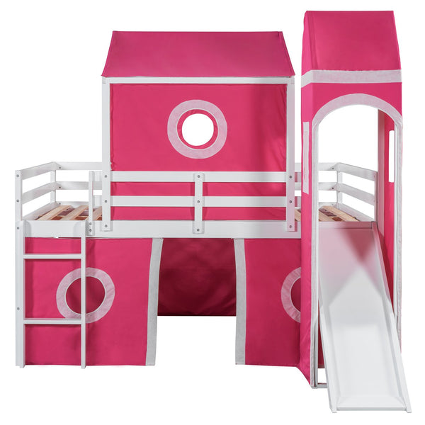English Elm Full Size Kids Castle Loft Bed with Slide Tent and Tower Pinewood Play Structure LT000771AAH-1