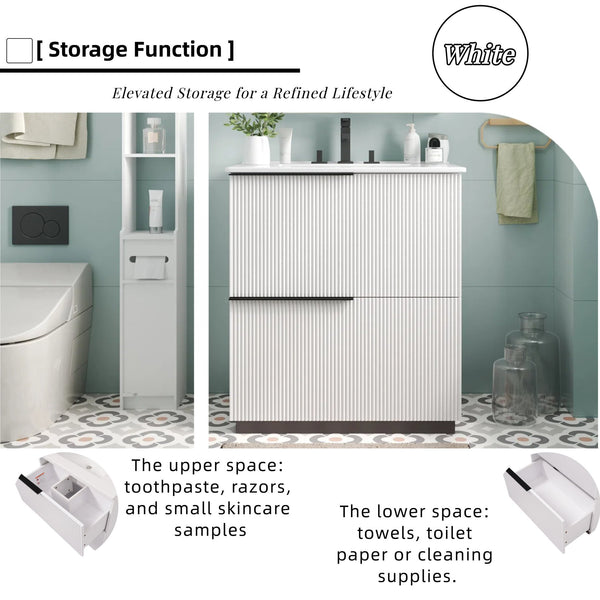 English Elm Christopher Knight Home® - 30" Elegant Bathroom Vanity With Fluted Design, Ceramic Sink, Full-Extension Drawers & Soft-Close Slides N817P295760W