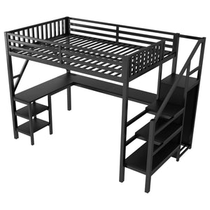 English Elm Metal Full Loft Bed with L Shaped Desk Wardrobe Rgb Lighting and Usb Charging Black W2593S00053