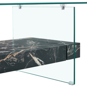 English Elm Rectangular Two Tier Glass Coffee Table with Marble Shelf for Modern Living Rooms W2920P226071