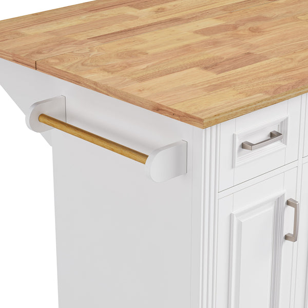 English Elm K&k Farmhouse Rolling Kitchen Island Rubberwood Drop Leaf 3 Drawers 4 Cabinet Doors White N707S195395W