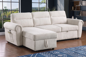 English Elm Ugo Chenille Sleeper Sectional Sofa with Storage Chaise and Built-in Usb Charging Ports Beige B2749S00071