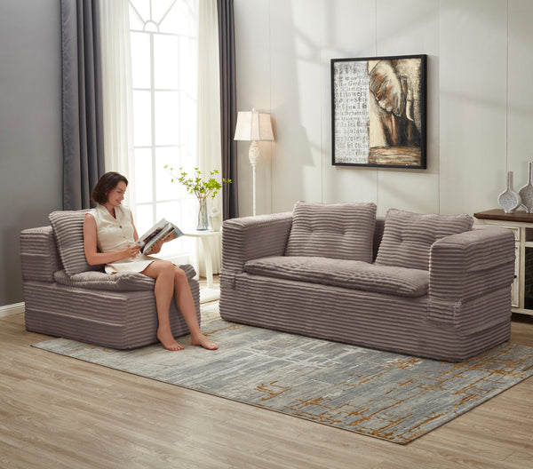 English Elm Multi Purpose Corduroy Sectional with Chaise Converts to King Floor Bed Deep Seat Coffee W3219S00010