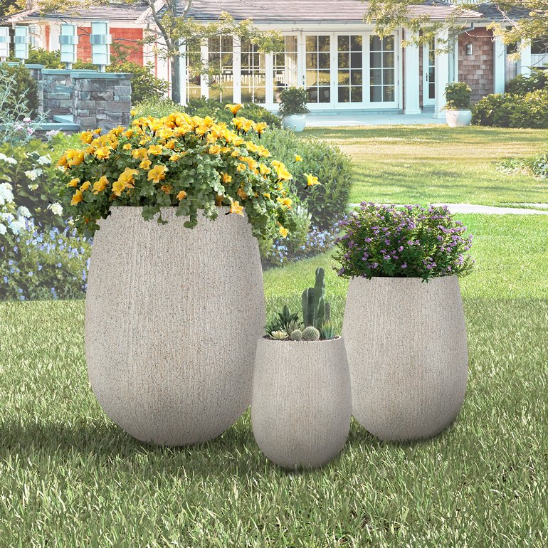 English Elm U_style Set of 3 Egg Shaped Mgo Stone Look Planters with Drainage Patio Garden N711P406659E
