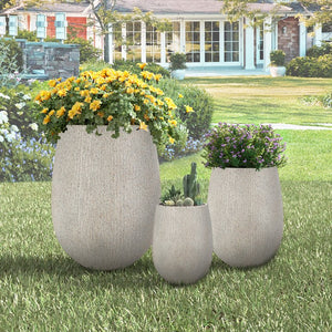 English Elm U_style Set of 3 Egg Shaped Mgo Stone Look Planters with Drainage Patio Garden N711P406659E