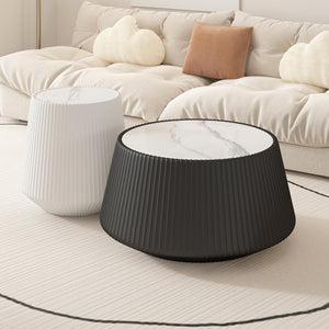 English Elm Light Sintered Stone Top Round Coffee Table with Sculpted Leather Base for Living Room W3081P367629
