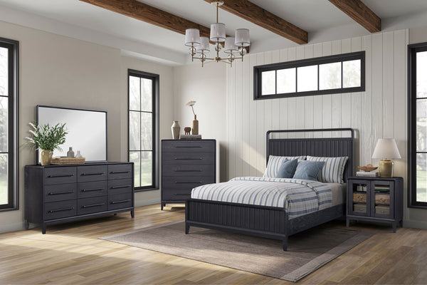 English Elm Queen Open Panel Bed in Peppercorn Black Finish with Elm Veneer, Solid Wood Frame & Channel Headboard B2699S00044