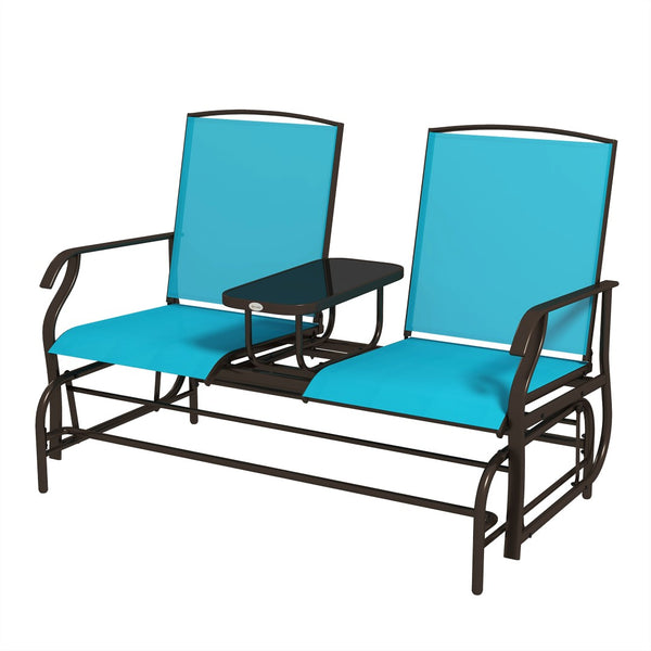 English Elm Outsunny Stylish Two-Person Glider Loveseat With Center Table, Breathable Mesh & Smooth Motion, Blue W2225P200563-GIGA