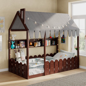 English Elm {slats Are Not Included} Twin Montessori House Floor Bed Kids Tent Lights Shelves Pinewood Frame Espresso N708P407962P