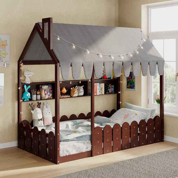 English Elm {slats Are Not Included} Twin Montessori House Floor Bed Kids Tent Lights Shelves Pinewood Frame Espresso N708P407962P