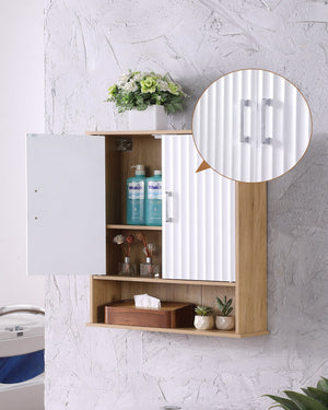 English Elm Bathroom Wall Cabinet White & Natural Wood with Wavy Doors, Adjustable Shelf, Bottom Storage, Easy Install W3151P288945