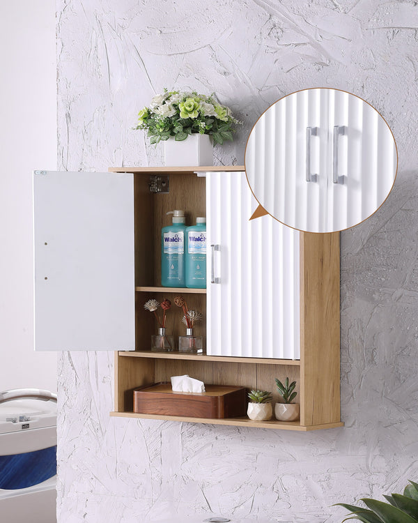 English Elm Bathroom Wall Cabinet White & Natural Wood with Wavy Doors, Adjustable Shelf, Bottom Storage, Easy Install W3151P288945