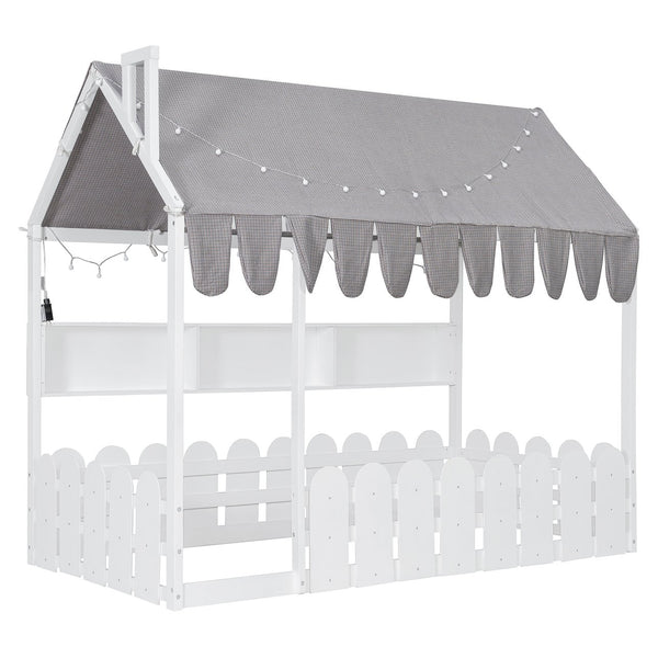English Elm {slats Are Not Included} Twin Montessori House Floor Bed Kids Tent Lights Shelves Pinewood Frame White N708P407962K
