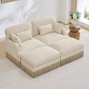 English Elm Comfy Chenille Leopard Print Loveseat with Tassel Trim and Movable Ottoman Modules Beige W5656S00003