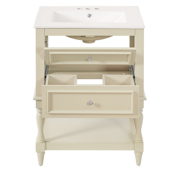 English Elm 24'' Retro Bathroom Vanity Mdf Cabinet with Ceramic Sink Open Shelf and 2 Drawers Beige N710P405414Y