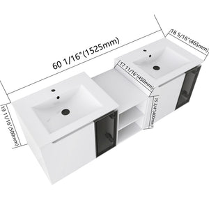 English Elm 60" Floating Double Sink Bathroom Vanity Glossy White Plywood with Frosted Glass Doors W999S00532