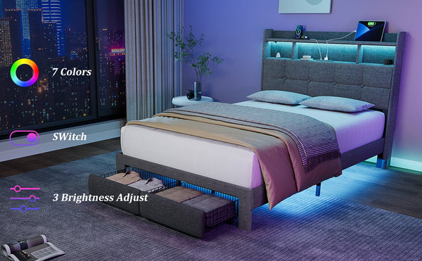 English Elm Full LED Linen Bed Frame with Headboard Storage, 2 Drawers, Fast Charging Ports & Nightlight Ambiance W1550P190364