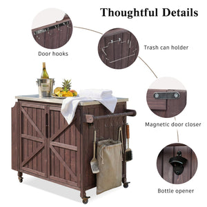 English Elm K&k Rolling Outdoor Kitchen Island Solid Fir Wood Stainless Steel Top Storage Cabinet Dark Brown N707P370287Z