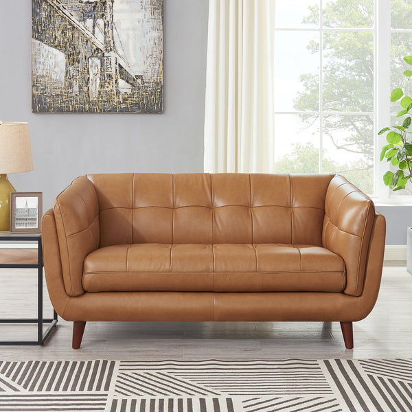 English Elm Solana Caramel Leather Loveseat Bench Seat with Pocketed Coils, Memory Foam Comfort, Durable Frame B2705P297789