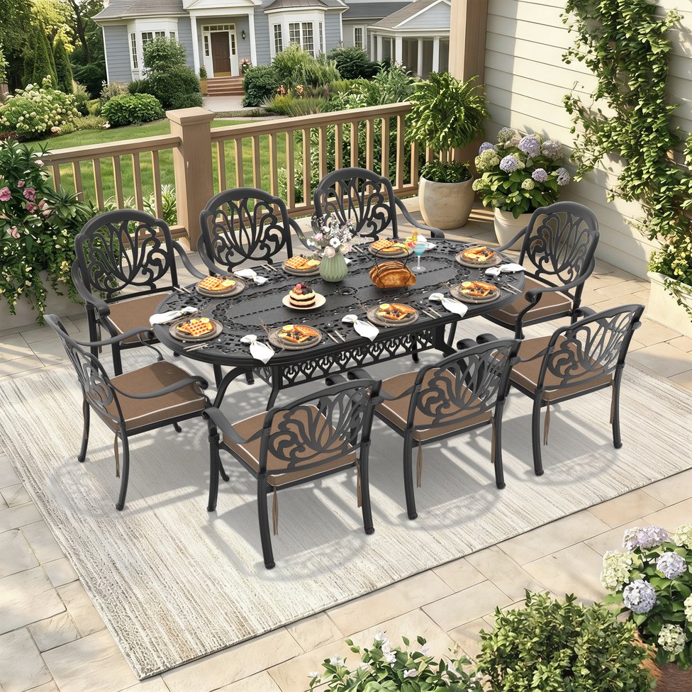 English Elm 9-piece Cast Aluminum Outdoor Dining Set Carved Patio Furniture with Weather Resistant Frame W1710S00600
