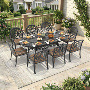 English Elm 9-piece Cast Aluminum Outdoor Dining Set Seats 8 with Carved Patio Elegance W1710S00656