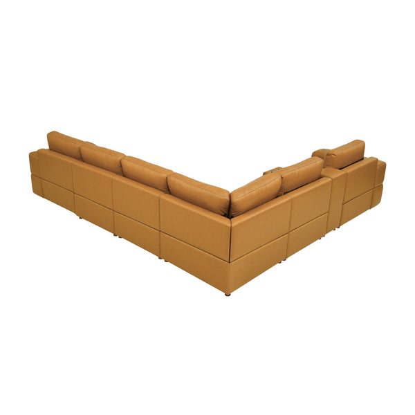 English Elm Premium Leather Match Sectional with Dual Recliners Square Arms and Console Storage Ginger B2748S00136