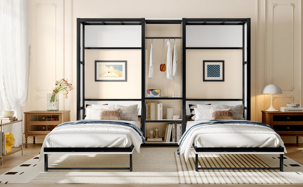 English Elm Twin Twin Murphy Bed with Metal Frame, Foldable 2-in-1 Space-Saving Design, Built-In Wardrobe, Shelves, Power Outlets and Durable Storage Solution Off White W1580S00147