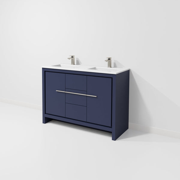 English Elm Navy Double Bath Vanity 48" W With Cultured Marble Top & Gun Metal Faucet, Soft-Close Storage Solutions B2731P259401