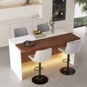 English Elm 63" Modern Kitchen Island Set With 4 Gray Bar Stools - Stylish Marble Finish, Led Light & Versatile Design W2699S00072