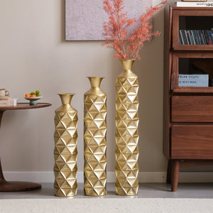 English Elm Metal Antique Gold Decorative Vase Set Of 3 - Modern Geometric Design With 3D Triangle Pattern W2796P193603