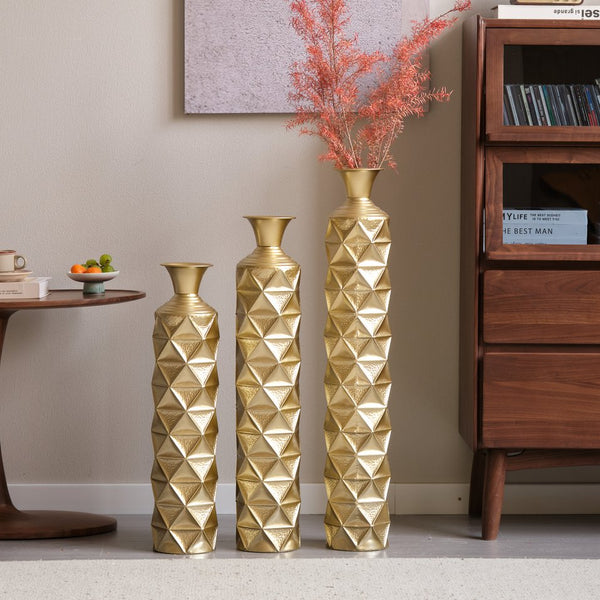 English Elm Metal Antique Gold Decorative Vase Set Of 3 - Modern Geometric Design With 3D Triangle Pattern W2796P193603