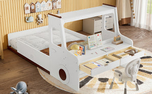 English Elm Twin Car Shaped Floor Bed with Storage Drawers and Built in Desk for Kids W1580P396323