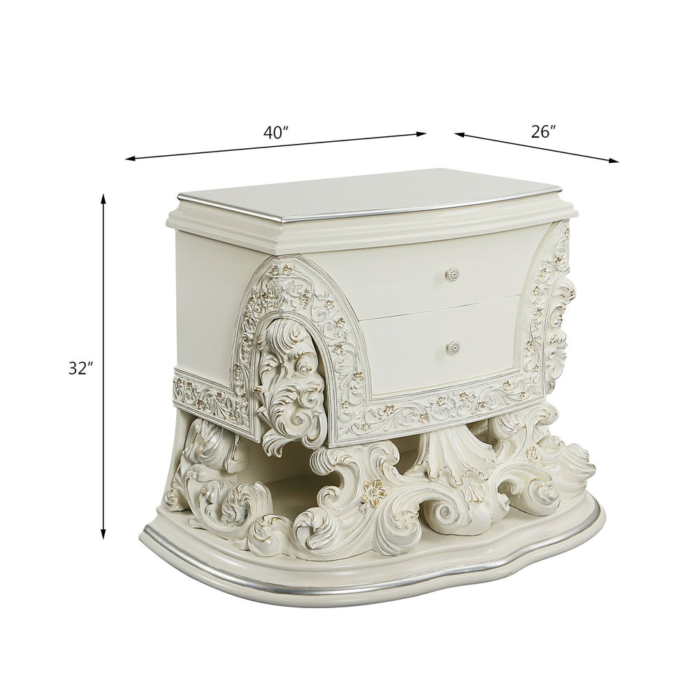 English Elm Adara Scrolled Floral Antique White Nightstand with Felt-Lined Self-Close Drawers, 2 Storage B2726P293224