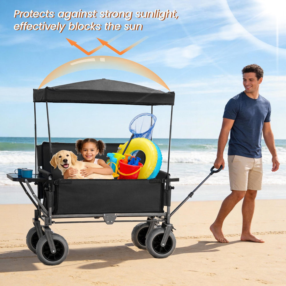 English Elm 3-in-1 Collapsible Wagon with Canopy Bench Tabletop and All-terrain Wheels for Camping Black W2932P417654